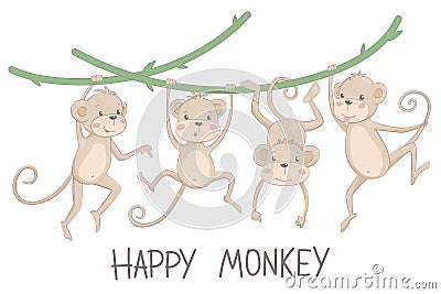 Vector illustration of a happy monkey and chimpanzee Cartoon Illustration