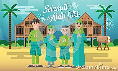 Happy moslem family celebrate for aidil fitri with with traditional malay village house/Kampung and drum on background Vector Illustration