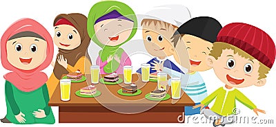 happy Muslim boys and girls eating fasting dinner together Vector Illustration