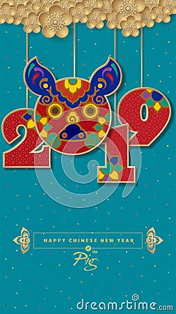 Vector illustration. 2019 Happy New Year design template, Asian Vector Illustration