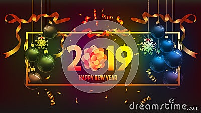 Vector illustration of happy new year 2019 gold and black colors place for text christmas balls Vector Illustration