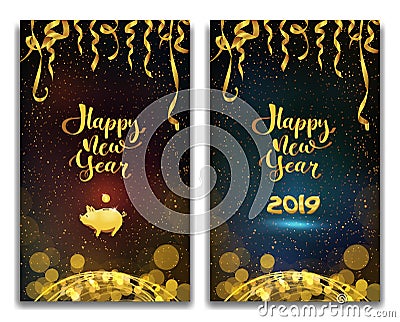 Vector illustration of happy new year 2019 on a violet and blue background text congratulations, golden ribbons and tinsel, piggy Vector Illustration