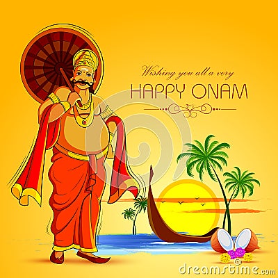 Happy Onam Festival background of Kerala with King Mahabali Vector Illustration