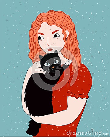 Redheaded girl holding black cat Vector Illustration