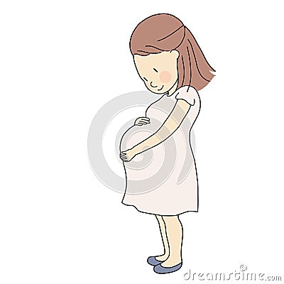 Vector illustration of happy pregnant woman touching, looking, feeling new baby in big belly. Family, pregnancy, maternity Cartoon Illustration