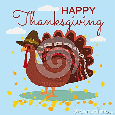 Happy Thanksgiving Celebration with Cartoon Turkey and Autumn Leaves. Vector, Illustration, Design, Baner, Poster Vector Illustration