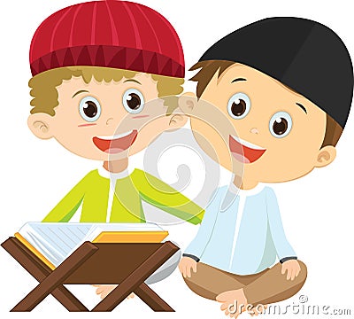 Happy two Muslim boys reading Quran together Vector Illustration