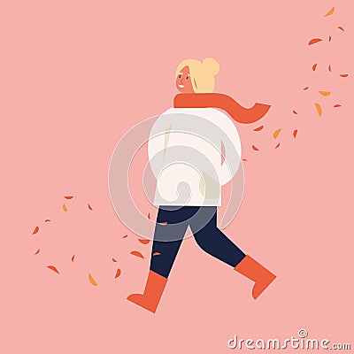 Vector illustration of happy woman in autumn season clothes. Young girl walking surrounded by falling leaves. Vector Illustration