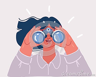 Vector illustration of Happy woman holding binocular and looking far ahead. Observation, discovery, future concept Vector Illustration