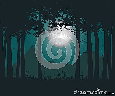 Vector illustration of a haunting forest with grass under a green night sky with moon and stars Vector Illustration