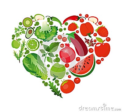 Vector illustration heart shape of red fruits and vegetables. Healthy nutrition organic concept in flat style. Vector Illustration