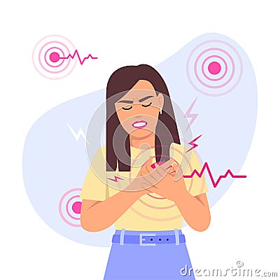 Vector illustration of heartache. Cartoon scene with a girl with pain in the heart and points of pain on white Vector Illustration