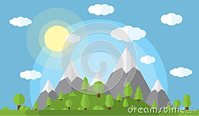 Vector illustration of the high mountains and hills covered in green woods, clear sky with clouds and sun Vector Illustration