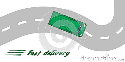 Vector illustration of highway and green truck. Isolated road and car, top view. Road background with markings. Vector Illustration