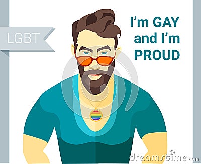 Vector illustration Hipster bearded man glasses. Flat style. Gay pride slogan. LGBT couple member Cartoon Illustration