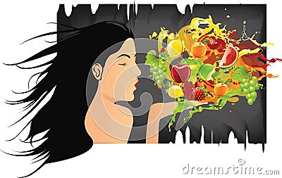 Vector and illustration woman blowing abstract colorful fruit splash. Advertisement idea concept.Grunge,distress black background Cartoon Illustration