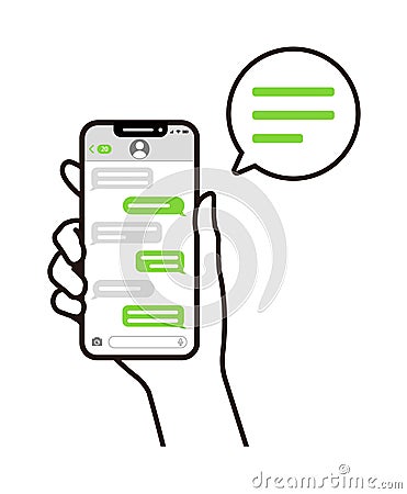 Vector illustration holding a smartphone (message app, sms Stock Photo