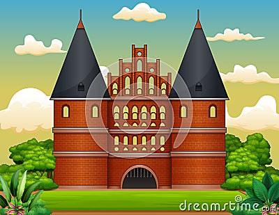 Cartoon of the holstentor in the middle of a natural landscape Vector Illustration