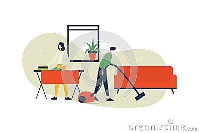Vector illustration, homework activities concept, father and mother, ironing and cleaning home Vector Illustration