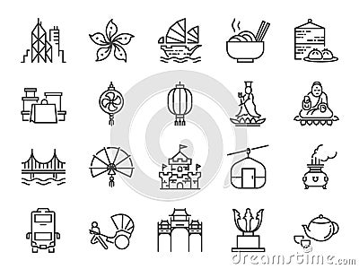 Hong Kong travel icon set. Included the icons as City, barque, Tian Tan Big Buddha , Guan Yin statue, cable car, Dim sum, landmark Vector Illustration