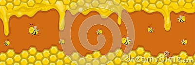 Horizontal banner with honeycombs, honey and bees. Bee activity. Vector illustration Cartoon Illustration