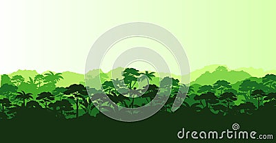 Vector illustration of horizontal panorama tropical rainforest in silhouette style with trees and mountains, jungle Vector Illustration