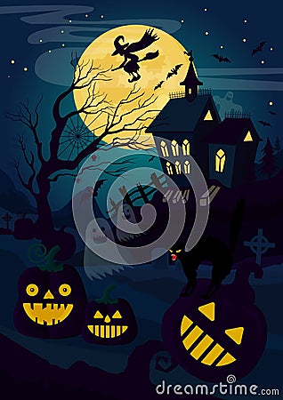 Vector illustration of horror house and pumpkin lanterns and cat with witch flying at night. Halloween card. Vector Illustration