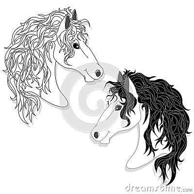 Vector illustration of horse head clip-art set. Monochrome image. Coloring page Vector Illustration