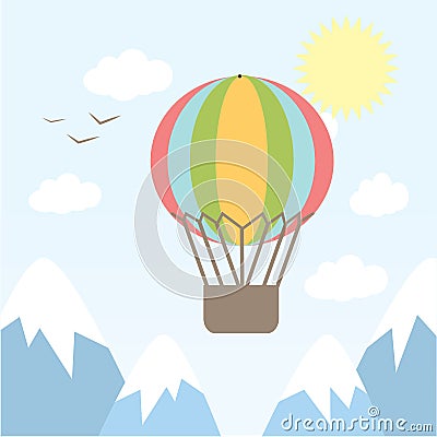 Vector illustration hot air balloon flying in the sky between the mountains. background, card Vector Illustration