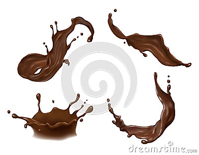 Vector illustration of hot chocolate, cacao or coffee splash with drops, blobs, blots isolated on white background. Vector Illustration