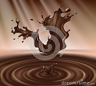 Vector illustration of hot chocolate splash, liquid cacao or coffee with drops. Advertising background, poster, banner Vector Illustration