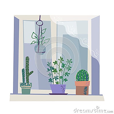 Vector illustration with houseplants on the window. Vector Illustration