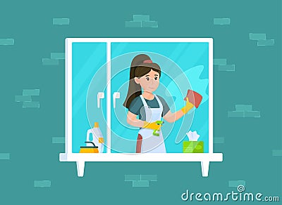 Vector illustration of housewife washes window. Housewife wipes dust off window in house. Vector Illustration