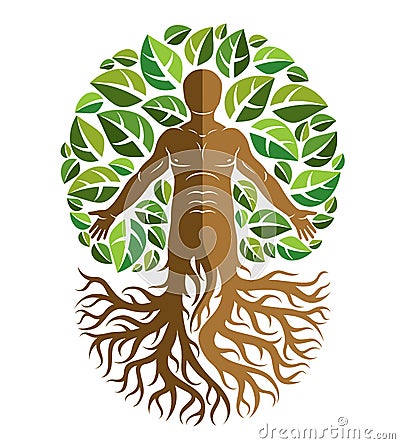 Vector illustration of human, athlete created as continuation of tree with strong roots and surrounded by eco green leaves. Vector Illustration