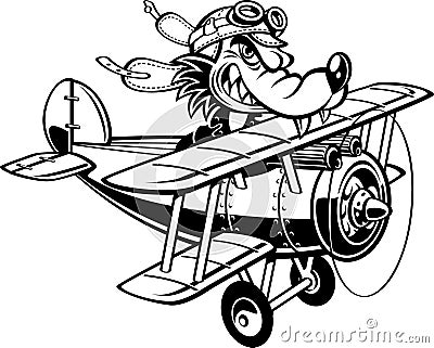 Cartoon wolf flying retro airplane Vector Illustration