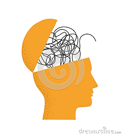 Vector illustration with human head silhouette with brain as tangled messy single line. Trendy concept of mental disorder, finding Vector Illustration