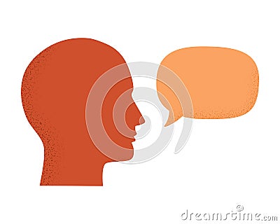 Vector illustration of human head silhouette talking through speech bubble. Concept of communication, dialogue, chat, conversation Vector Illustration
