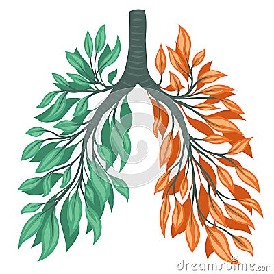 Vector illustration of human lungs from green and orange leaves and branches. Withering health. Old human organ. Save the earth Vector Illustration