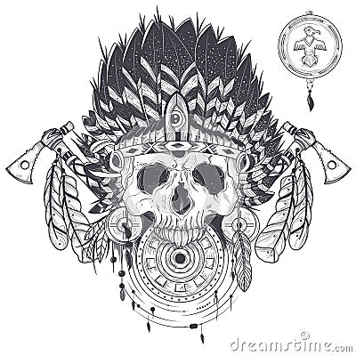 Vector illustration of a human skull in an indian feather hat, tattoo template Vector Illustration