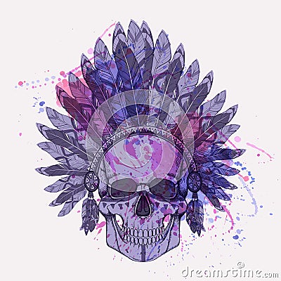 Vector illustration of human skull in native american headdress Vector Illustration