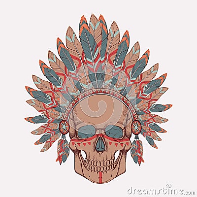 Vector illustration of human skull in native american indian Vector Illustration