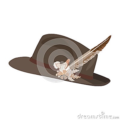 Vector illustration of hunting hat with feather and metal badge, flat design Vector Illustration