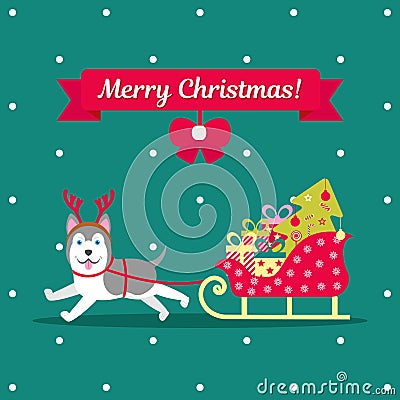 Vector illustration. Husky is carrying a team with gifts and a Christmas tree. Christmas picture for decoration. Year of Vector Illustration