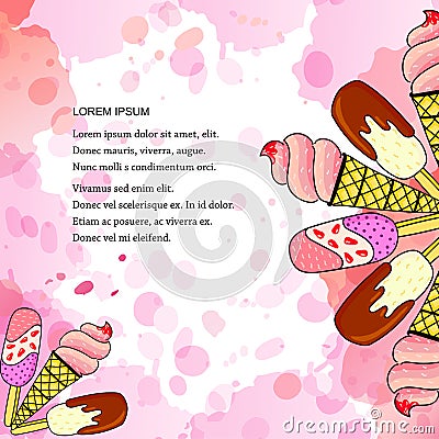 Vector illustration of Ice cream in the waffle cone with vanilla, chocolate, fruits with pink watercolor spots. Vector Illustration