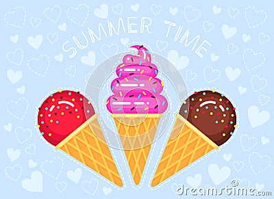 Vector illustration of ice creams in cone waffle glass Vector Illustration