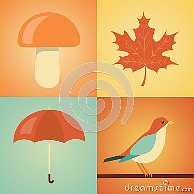 Vector illustration icon set of autumn: mushroom, leaf, umbrella, bird Vector Illustration