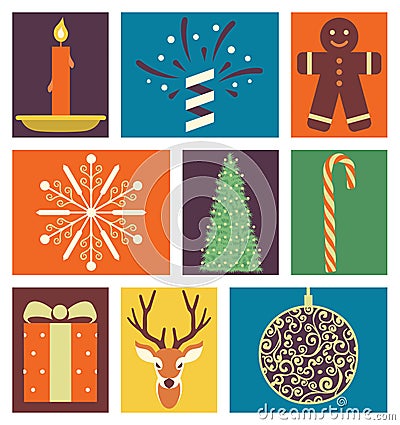 Vector illustration icon set of Christmas: candle, fireworks, cookies, snow, tree, candy, gift, deer, decoration Vector Illustration