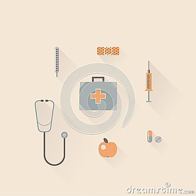 Vector illustration icon set of hospital: thermometer, bandage, injection, pharmacy, stethoscope, apple, pill Vector Illustration