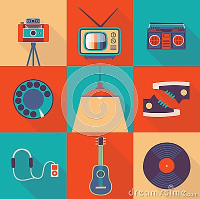 Vector illustration icon set of lifestyle: photo camera, TV, tape recorder, telephone, lamp, shoes, headphones, player, guitar, Vector Illustration