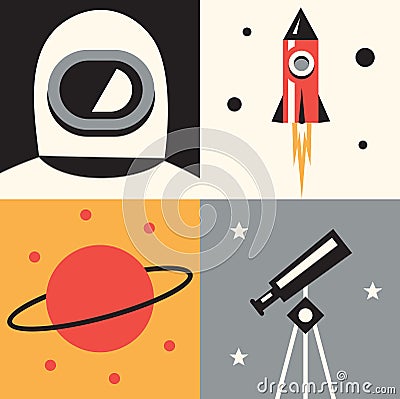 Vector illustration icon set of space: astronaut, rocket, planet, telescope Vector Illustration